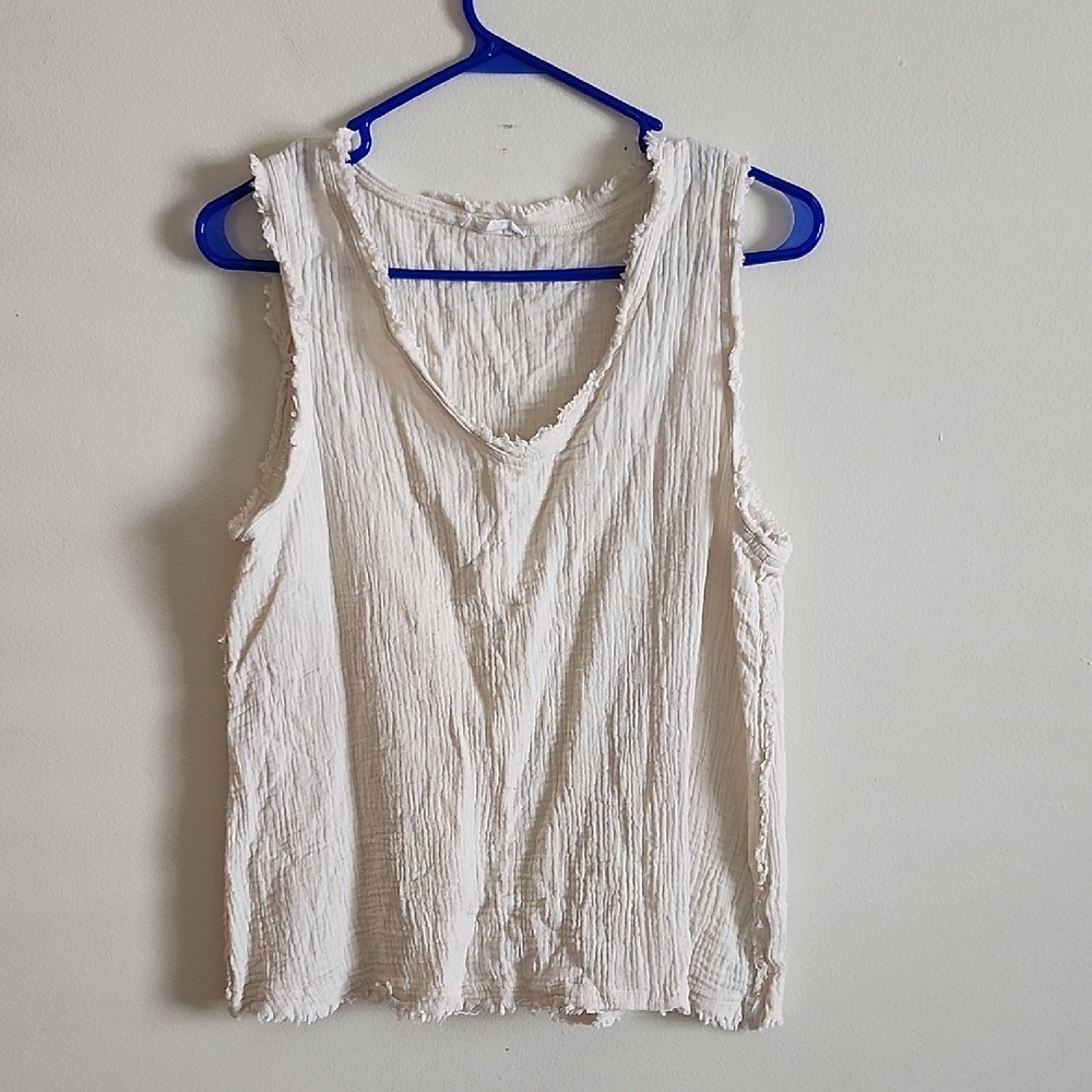Blu Pepper Slub Cotton Gauze Textured Cream Tank Top Raw Detail Large